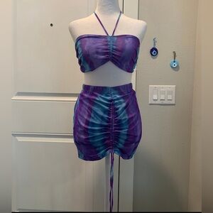 Tie dye skirt set blue purple tube top mini skirt